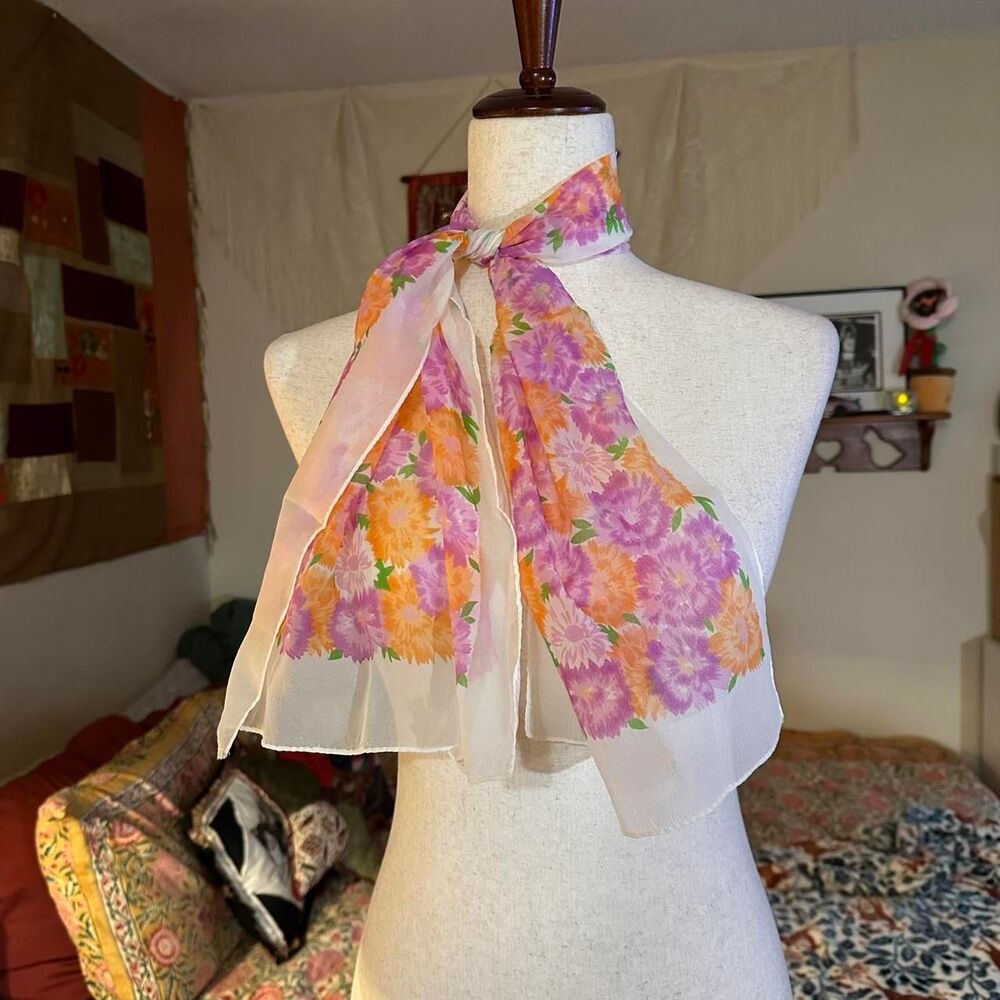 Glentex 1970s Pink Acetate Sheer Floral Collectable Scarf